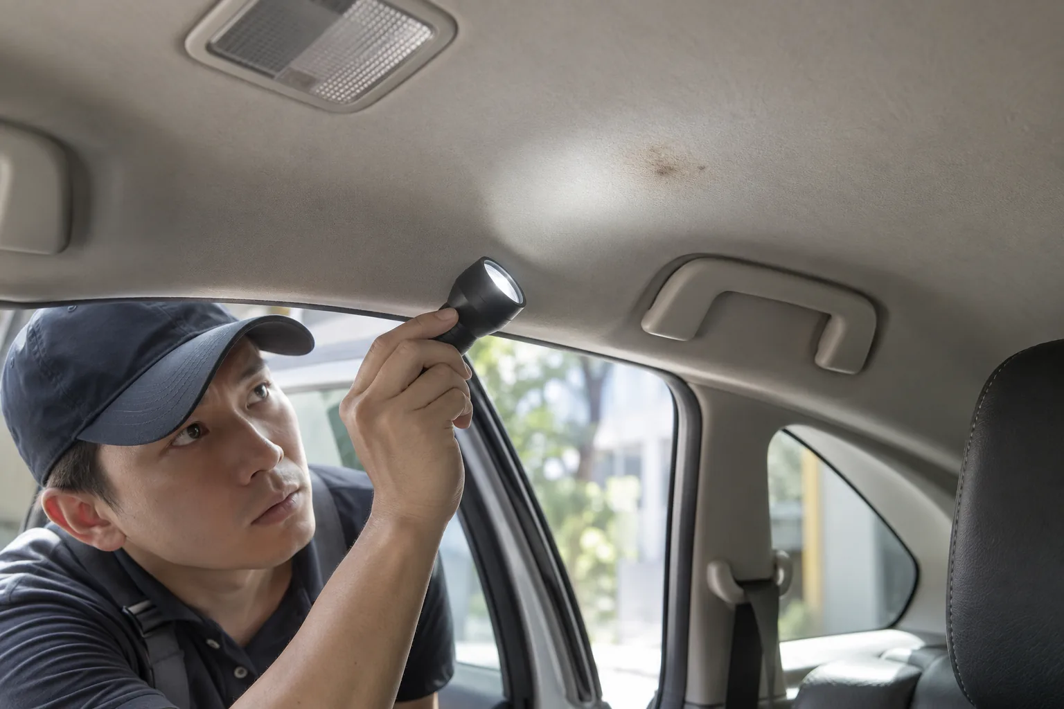 車內頂篷有污漬，別急著整片噴濕再刷洗